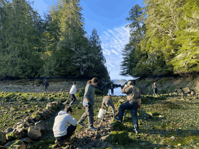 In Nuu-Chah-Nulth Territory, British Columbia, youth collaborated with Elders and master carvers to create a social art piece while sharing intergenerational knowledge. Leadership in sustainable marine protection and cultural revitalization was the focus of this endeavour, which was led by Young Indigenous Ambassadors Jessie (Lakos) Everson and Andrew Clappis with the support of the Nuu-chah-nulth Youth Warrior Family Society. Photo credit: CIER/Nuu-Chah-Nulth Youth Warrior Family Society