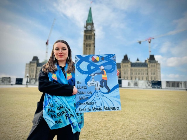 A mural displayed on Parliament Hill celebrated National Indigenous Water Operator Day, showcasing artwork by Indigenous youth and recognizing the contributions of water operators. Young Indigenous Ambassador Mia Cook from Calgary, Alberta played a vital role in this tribute to water leaders with support from Water Movement. Photo credit: CIER/Water Movement