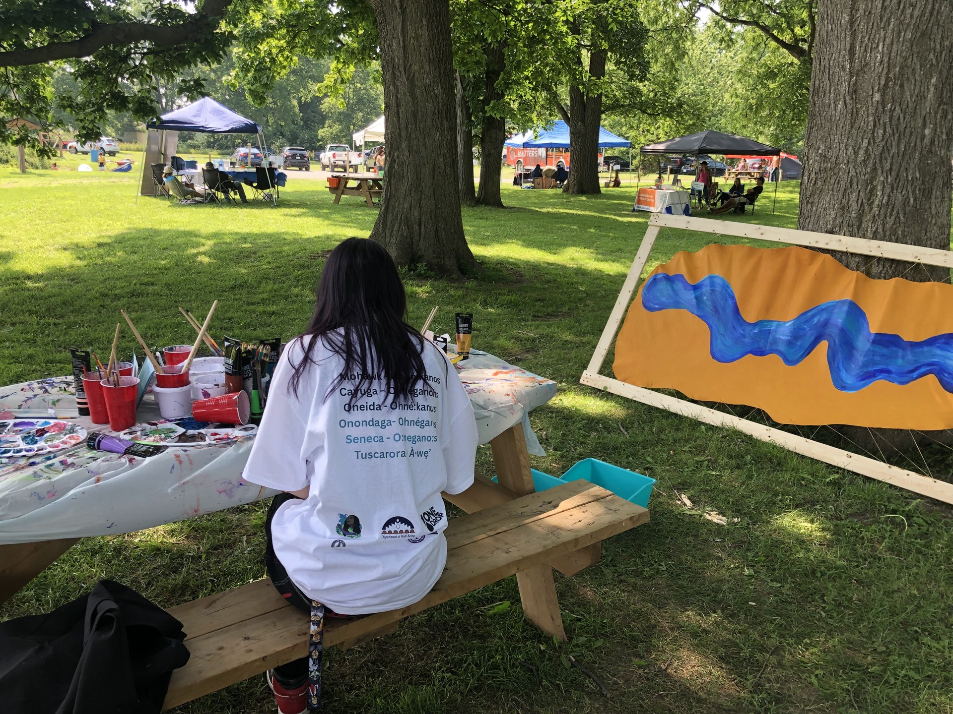 Art booth led by One Drop in collaboration with a local artist during the Teiethinonhwerá:ton ne Ohné:kanos festival, inviting participants to paint fish cut-outs or write a message on the theme of water. Credit: One Drop Foundation